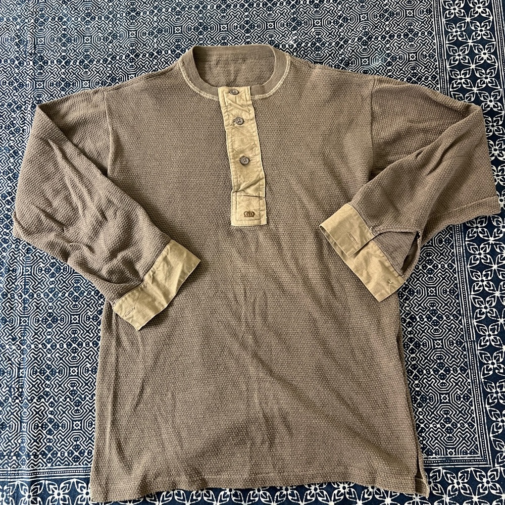 French Vintage Military cotton wool Olive Green Brown Henley Button Down Shirt